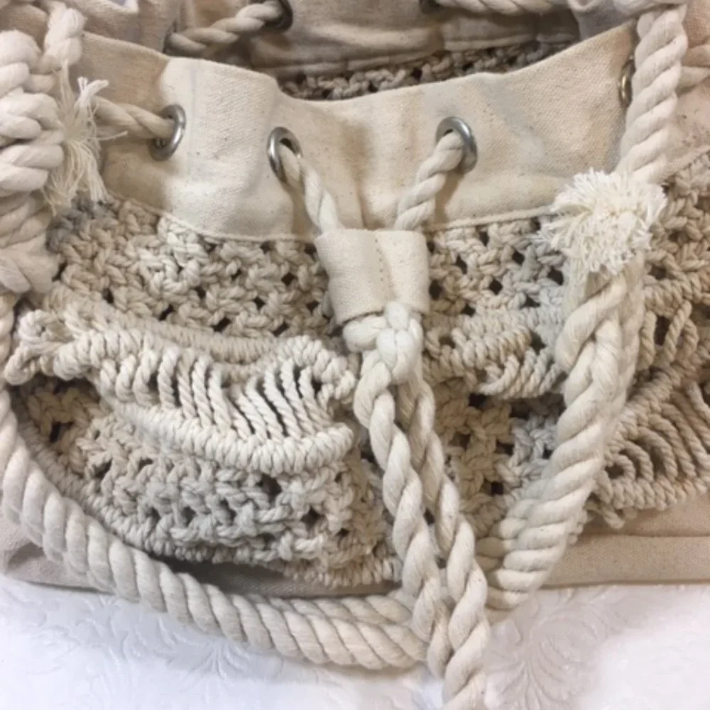 Macramé Knotting Shoulder Handbag Tote Cotton Drawstring11x5.5x11